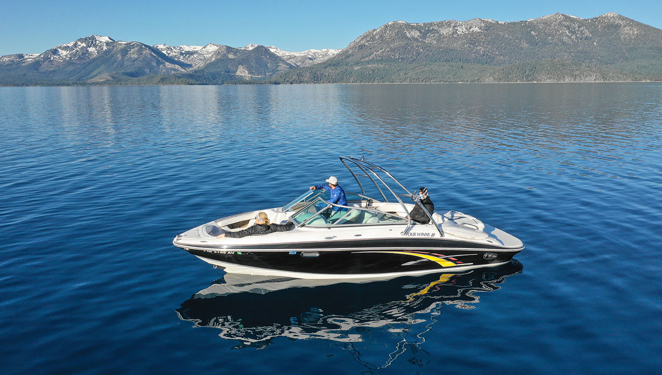 Boat Tahoe | Four Winns Horizon 240 - Drone | South Lake Tahoe Private Boat Tour Charter