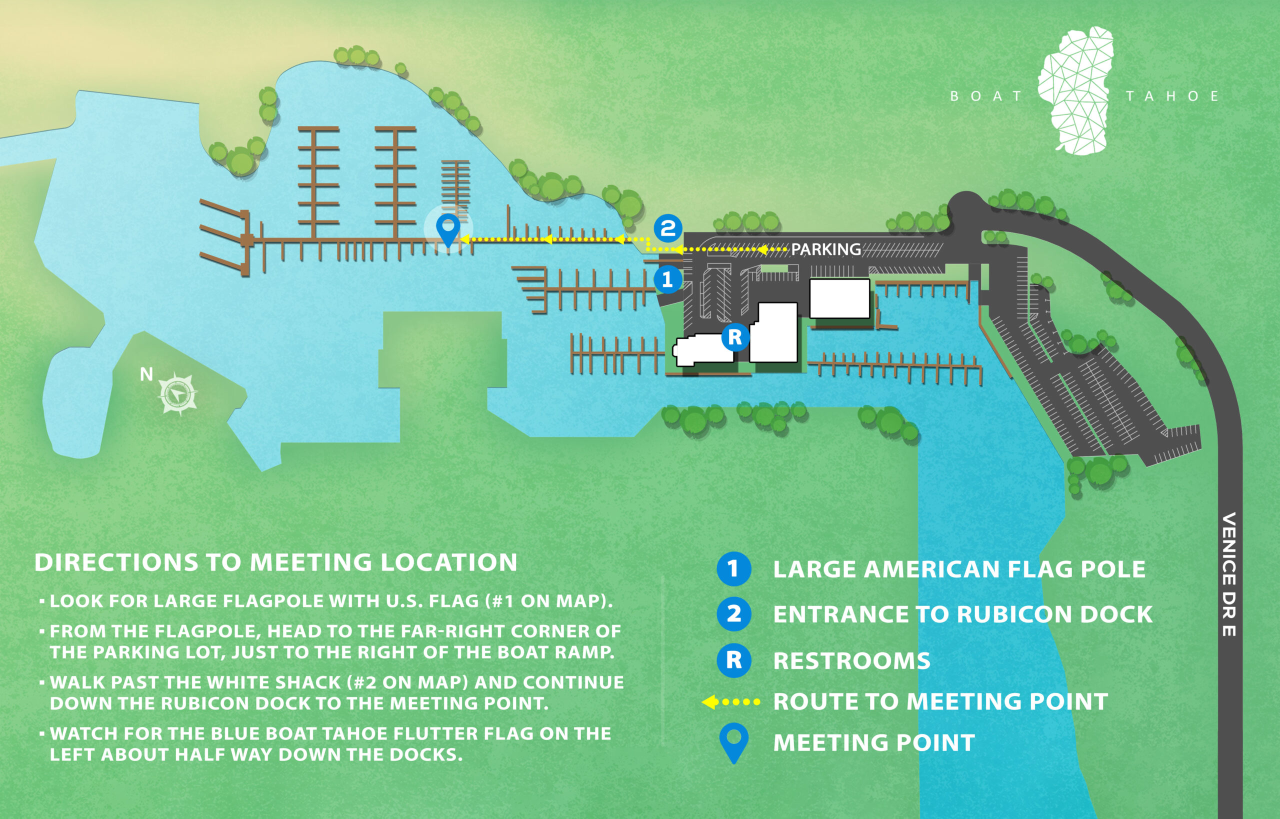 Map of Tahoe Keys Marina with directions to the Boat Tahoe meeting point on Rubicon Dock