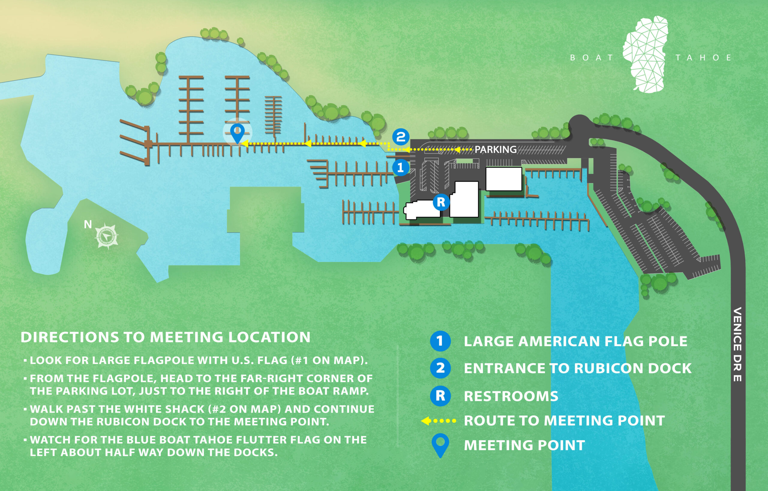 Map of Tahoe Keys Marina with directions to the Boat Tahoe meeting point on Rubicon Dock